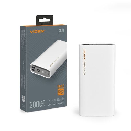 Так выглядит Повербанк 20000mAh VIDEX VPB-320 22.5W White 28296 Фото Повербанк 20000mAh VIDEX VPB-320 22.5W White 28296 Электробаза