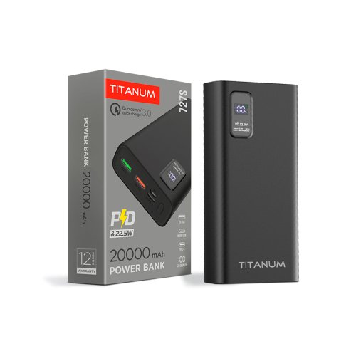 Так выглядит Повербанк TITANUM 727S 20000mAh 22.5W Black 27362 Фото Повербанк TITANUM 727S 20000mAh 22.5W Black 27362 Электробаза
