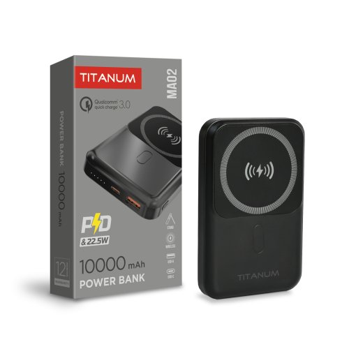 Так выглядит Повербанк с беспроводной зарядкой 10000mAh TITANUM MA02 22.5W Black 28286 Фото Повербанк с беспроводной зарядкой 10000mAh TITANUM MA02 22.5W Black 28286 Электробаза